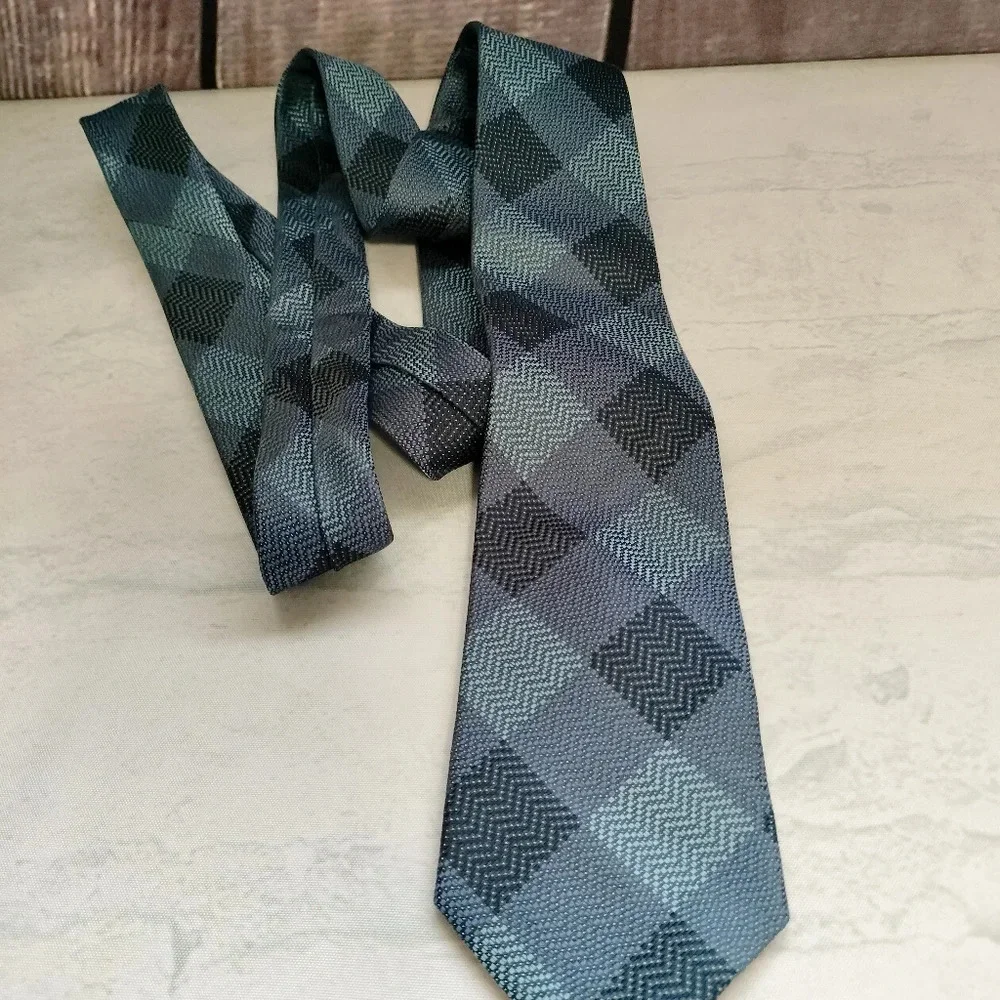 PRONTO UOMO Men's Slim Silk Blend Blue Gray Plaid Zig Zag Tie Necktie T
